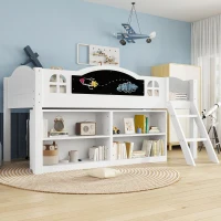 3ft Single Storage Bed with Built-in Blackboard for Drawing, High Sleeper Bed with 2-Step Inclined Staircase, 196.5L x 132W x 96H cm, White+Black(m-1)