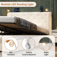 4ft6 Double Upholstered Bed with Built-in Type‑C & USB Charging, Bed Frame with Adjustable LED Reading Lights, 214L x 145W x 102H cm, Beige(m-7)