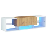 Modern TV Stand with 2 Drawers and 5 Open Compartments, TV Cabinet with App-controlled LED Lights, 160L x 40W x 42H cm, White+Wood(m-11)