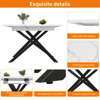 6–8 Seats Extendable Dining Table with Modern Crossed Iron Legs, Kitchen Table with Marbled MDF Top, 120-160L x 80W x 76.5H cm, White(m-5)