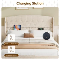 Double Upholstered Ottoman Bed with USB & Type-C Charging Station, Bed Frame with 2 Storage Drawers, 200L x 144W x 116H cm, Beige(m-5)