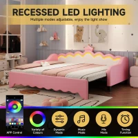 3ft Single Daybed with LED Headboard, App-controlled RGB Lighting, Bed Frame with Pull-out Trundle, 202L x 182W x 91H cm, Cream White+Pink(m-4)