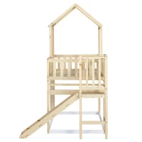 Wooden High Sleeper Bed with Slide and 3‑Step Ladder for Children, Bunk Bed with Playhouse Roof, 240.5L x 137.5W x 221H cm, White+Natural(m-11)