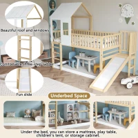 Wooden High Sleeper Bed with Slide and 3‑Step Ladder for Children, Bunk Bed with Playhouse Roof, 240.5L x 137.5W x 221H cm, White+Natural(m-5)