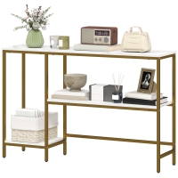 HOMCOM Console meuble 120 cm, table console 3 niveaux avec étagères de rangement, plateaux imitation marbre, blanc et doré