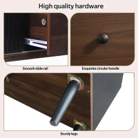 Modern TV Cabinet with 2 Centre Drawers and Striped Sliding Doors, Storage Stand with Raised Top Edge, 160L x 40W x 58H cm, Black+Wood(m-6)