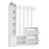 5‑in‑1 Space-Saving Entryway Storage with Coat Hooks, Hall Tree Coat Rack with Shoe Bench, Full-Length Mirror, 135L x 25W x 180H cm, White(m-11)