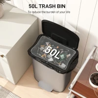 HOMCOM Coș de Gunoi cu Pedală de 50L cu Capac Amortizat, Deschidere la 90° și Găleată Detașabilă, Oțel Inoxidabil, Gri(m-4)
