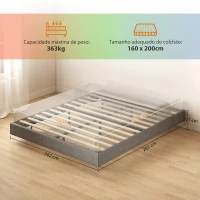 HOMCOM Cama 160x200 cm com Luzes LED Estofada em Linho Ripas de Madeira Silenciosa Fácil de Montar Cinzento(m-3)