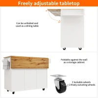 Modern Kitchen Island and Serving Trolley with Castors, Extendable Fold‑Out Dining Table with Side Shelves, 137.5L x 40-65W x 95.5H cm, White(m-6)