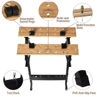 HOMCOM Banc de Lucru Pliabil cu 4 Menghine, Riglă și Unghiometru, Capacitate 150 kg, Negru și Lemn(m-6)