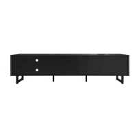 Modern TV Cabinet with 2 Wood-Grain Doors and 2 Open Shelves, TV Stand for Robot Vacuum Cleaners, 200L x 38W x 50H cm, Black+Wood(m-11)