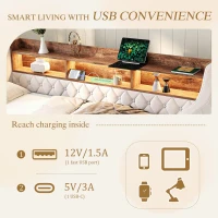 Space-Saving Sofa Bed with Adjustable LED Lighting and USB-C Port, Bed Frame with Built-in Storage Shelf, 201L x 107W x 75H cm, Beige(m-4)