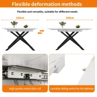 6–8 Seats Extendable Dining Table with Modern Crossed Iron Legs, Kitchen Table with Marbled MDF Top, 120-160L x 80W x 76.5H cm, White(m-6)