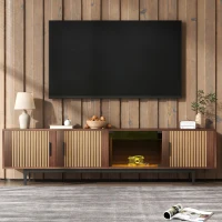Modern TV Cabinet Lowboard with Carved Texture and Tempered Glass Doors, MDF and Particle Stand with Metal Frame, 200L x 35W x 53H cm, Wood(m-6)