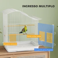 PawHut Gabbia per Uccelli a 4 Porte con 2 Ciotole, 2 Posatoi e Vassoio, in Metallo e Plastica, 47.5x36x54.5 cm, Bianco(m-5)