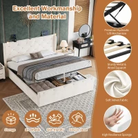 4ft6 Double Upholstered Bed with Built-in Type‑C & USB Charging, Bed Frame with Adjustable LED Reading Lights, 214L x 145W x 102H cm, Beige(m-6)