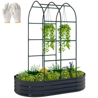 Outsunny Pat înălțat cu spalier, jardiniere metalice cu mănuși cutie de grădină 160 x 90 x 180 cm, Gri închis(m-7)