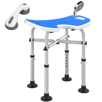 HOMCOM Banco de Duche para Idosos Antiderrapante com Barra de Apoio Altura Regulável e Assento em Forma de U 48,5x33x39-51,5 cm  Azul(m-10)