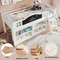 3ft Single Storage Bed with Built-in Blackboard for Drawing, High Sleeper Bed with 2-Step Inclined Staircase, 196.5L x 132W x 96H cm, White+Black(m-5)