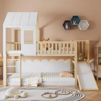Wooden High Sleeper Bed with Slide and 3‑Step Ladder for Children, Bunk Bed with Playhouse Roof, 240.5L x 137.5W x 221H cm, White+Natural(m-1)