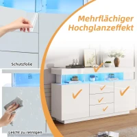 High-gloss Storage Cabinet with App-Controlled LED Lighting, Locker with Adjustable Shelves and Soft-close Drawers, 140L x 35W x 80H cm, White(m-4)
