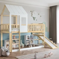 Wooden High Sleeper Bed with Slide and 3‑Step Ladder for Children, Bunk Bed with Playhouse Roof, 240.5L x 137.5W x 221H cm, White+Natural(m-6)