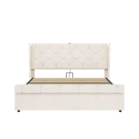 4ft6 Double Upholstered Bed with Built-in Type‑C & USB Charging, Bed Frame with Adjustable LED Reading Lights, 214L x 145W x 102H cm, Beige(m-2)