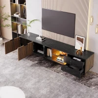 Modern TV Cabinet with 2 Wood-Grain Doors and 2 Open Shelves, TV Stand for Robot Vacuum Cleaners, 200L x 38W x 50H cm, Black+Wood(m-6)