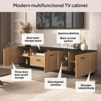 Modern TV Cabinet with 3 Doors, Drawer and 2 Open Glass Compartments, TV Stand with Solid Wooden Legs, 180L x 37W x 45H cm, Black+Wood(m-4)