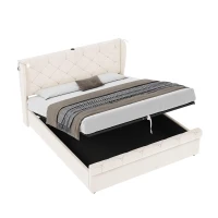 4ft6 Double Upholstered Bed with Built-in Type‑C & USB Charging, Bed Frame with Adjustable LED Reading Lights, 214L x 145W x 102H cm, Beige(m-9)
