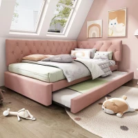 Upholstered Daybed with Pull-Out Trundle and Slatted Base, Space-Saving Velvet Single Sofa Bed for Adults and Kids, 202L x 105W x 83H cm, Pink(m-8)