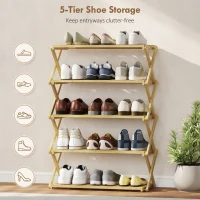 HOMCOM Five-Tier Folding Bamboo Shoe Rack - Natural Finish(m-6)