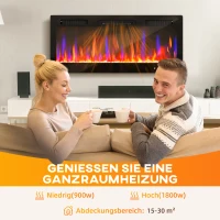 HOMCOM Elektrischer Kamin, Wandmontage, verstellbare Flammen, Thermostat, Timer, Stahl, Schwarz(m-7)