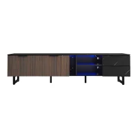 Modern TV Cabinet with 2 Wood-Grain Doors and 2 Open Shelves, TV Stand for Robot Vacuum Cleaners, 200L x 38W x 50H cm, Black+Wood(m-2)