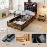Hydraulic Storage Single Bed with Multi-Colour LED Strip, Charging Ports, Sponge Headboard for Bedrooms, 208L x 96W x 107H cm, Black+Neutral(m-4)