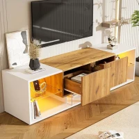 Modern TV Stand with 2 Drawers and 5 Open Compartments, TV Cabinet with App-controlled LED Lights, 160L x 40W x 42H cm, White+Wood(m-1)