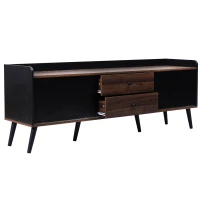 Modern TV Cabinet with 2 Centre Drawers and Striped Sliding Doors, Storage Stand with Raised Top Edge, 160L x 40W x 58H cm, Black+Wood(m-11)