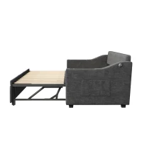 3-in-1 Upholstered Sofa Daybed with USB and Type-C Charging Station, Bed Frame with Built-In Armrest Storage, 217L x 191W x 81H cm, Grey(m-11)