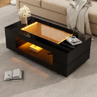 Modern LED Hollow Coffee Table with App-Controlled Light Strip, Desk with High-Gloss Toughened Glass Top, 100L x 50W x 35H cm, Black(m-1)
