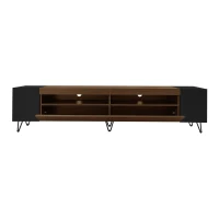 Modern TV Cabinet with 2 Front Doors and Open Side Compartments, Durable TV Stand with Cable Outlets, 180L x 36W x 43H cm, Black+Wood(m-12)