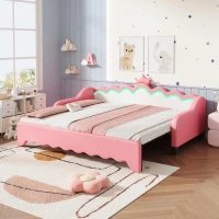 3ft Single Daybed with LED Headboard, App-controlled RGB Lighting, Bed Frame with Pull-out Trundle, 202L x 182W x 91H cm, Cream White+Pink(m-1)