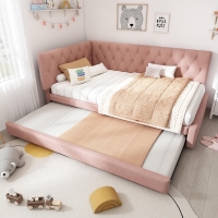 Upholstered Daybed with Pull-Out Trundle and Slatted Base, Space-Saving Velvet Single Sofa Bed for Adults and Kids, 202L x 105W x 83H cm, Pink