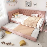 Upholstered Daybed with Pull-Out Trundle and Slatted Base, Space-Saving Velvet Single Sofa Bed for Adults and Kids, 202L x 105W x 83H cm, Pink(m-1)