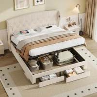Double Upholstered Ottoman Bed with USB & Type-C Charging Station, Bed Frame with 2 Storage Drawers, 200L x 144W x 116H cm, Beige(m-8)