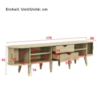 Modern TV Cabinet with Sliding Door, Large Multifunctional Storage, TV Stand with Open Shelves, Drawers, 175L x 38W x 45H cm, Natural(m-3)