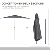 Outsunny Demi parasol parasol de balcon 5 entretoises métal cheminée incluse 2,93 x 1,5 x 2,49 m polyester haute densité gris(m-6)