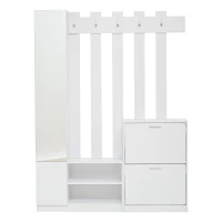 5‑in‑1 Space-Saving Entryway Storage with Coat Hooks, Hall Tree Coat Rack with Shoe Bench, Full-Length Mirror, 135L x 25W x 180H cm, White(m-2)