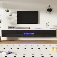 Modern TV Cabinet with 3-Door Storage and Soft-close Hinges, Stand with APP-controlled LED Lighting, 180L x 35W x 30H cm, Black+White(m-5)