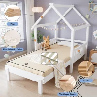 3ft Single Wooden Bed with Pull-Out Trundle and Sturdy Plywood Slats, Versatile Bed Frame for Bedrooms, 197L x 107.5W x 139H cm, White(m-4)